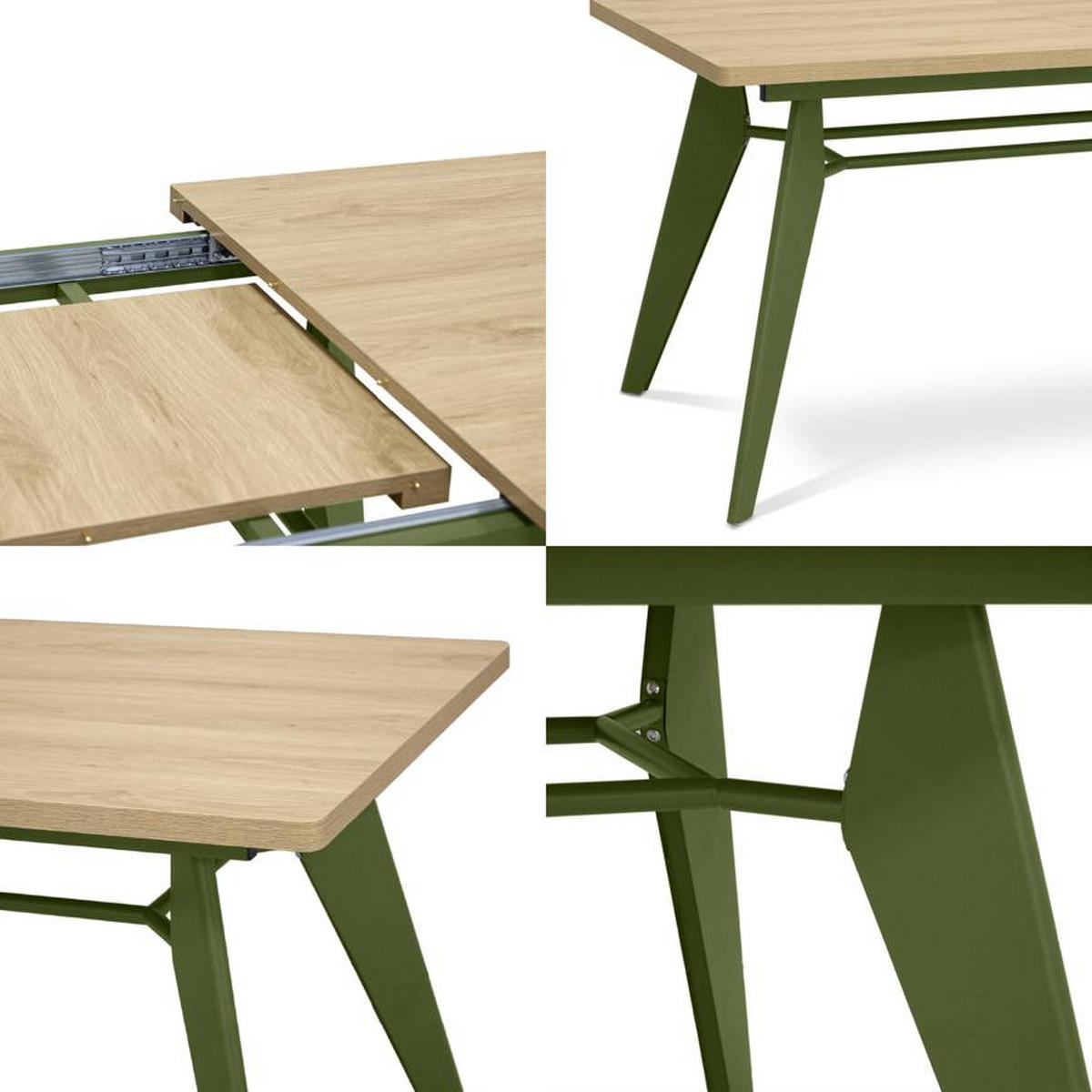 ESSTISCH ausziehbar 140/180cm Metallbeine Khaki und Tischplatte Eiche-Optik Meloe - Eichefarben/Grün, Holzwerkstoff/Metall (90/140/76cm) - Sicaan