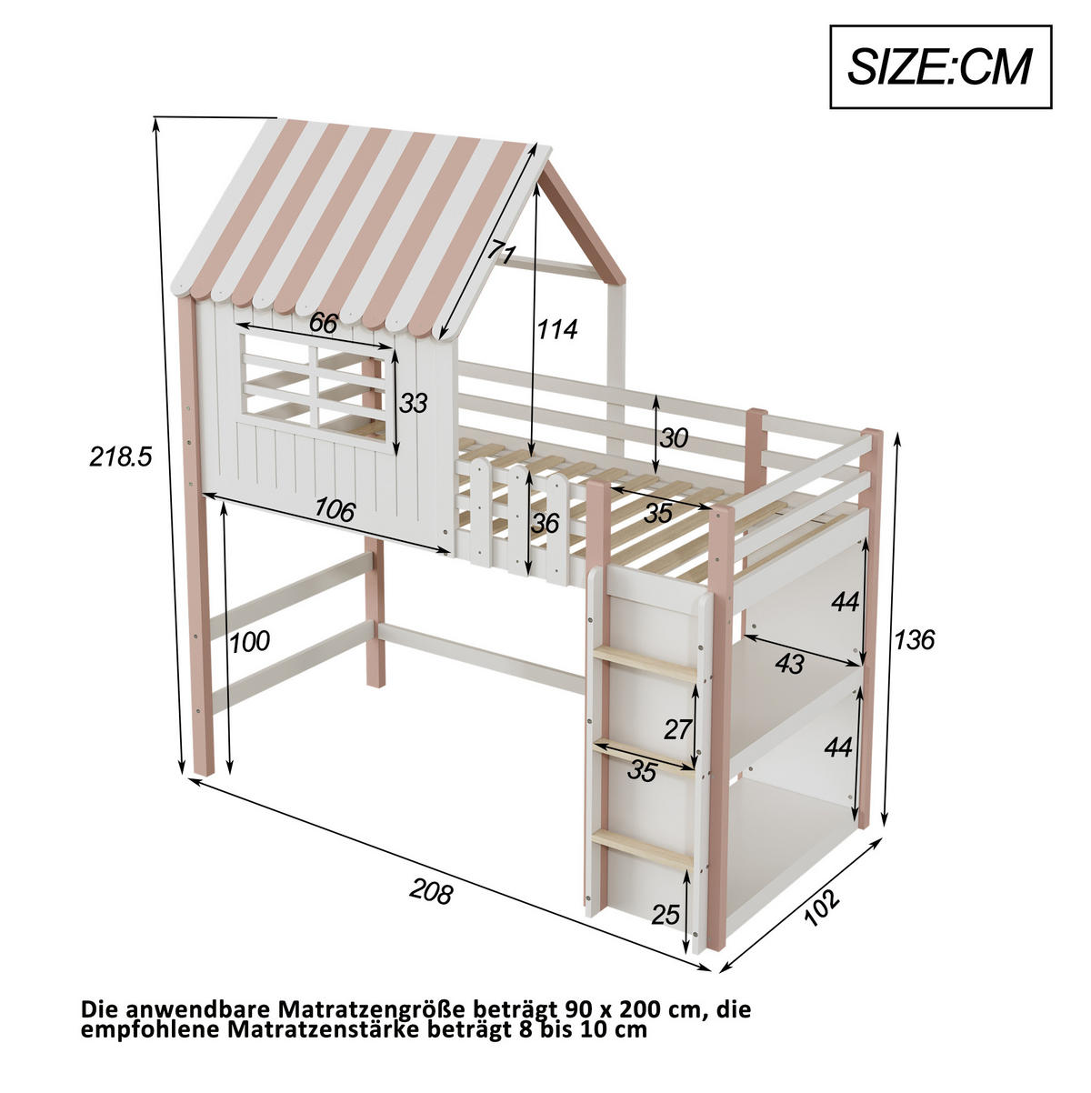 HOCHBETT 90/200 cm in Rosa aus Massivholz mit Dachform und Ablagefach - Rosa, Holz (90/200cm) - Flora Grace