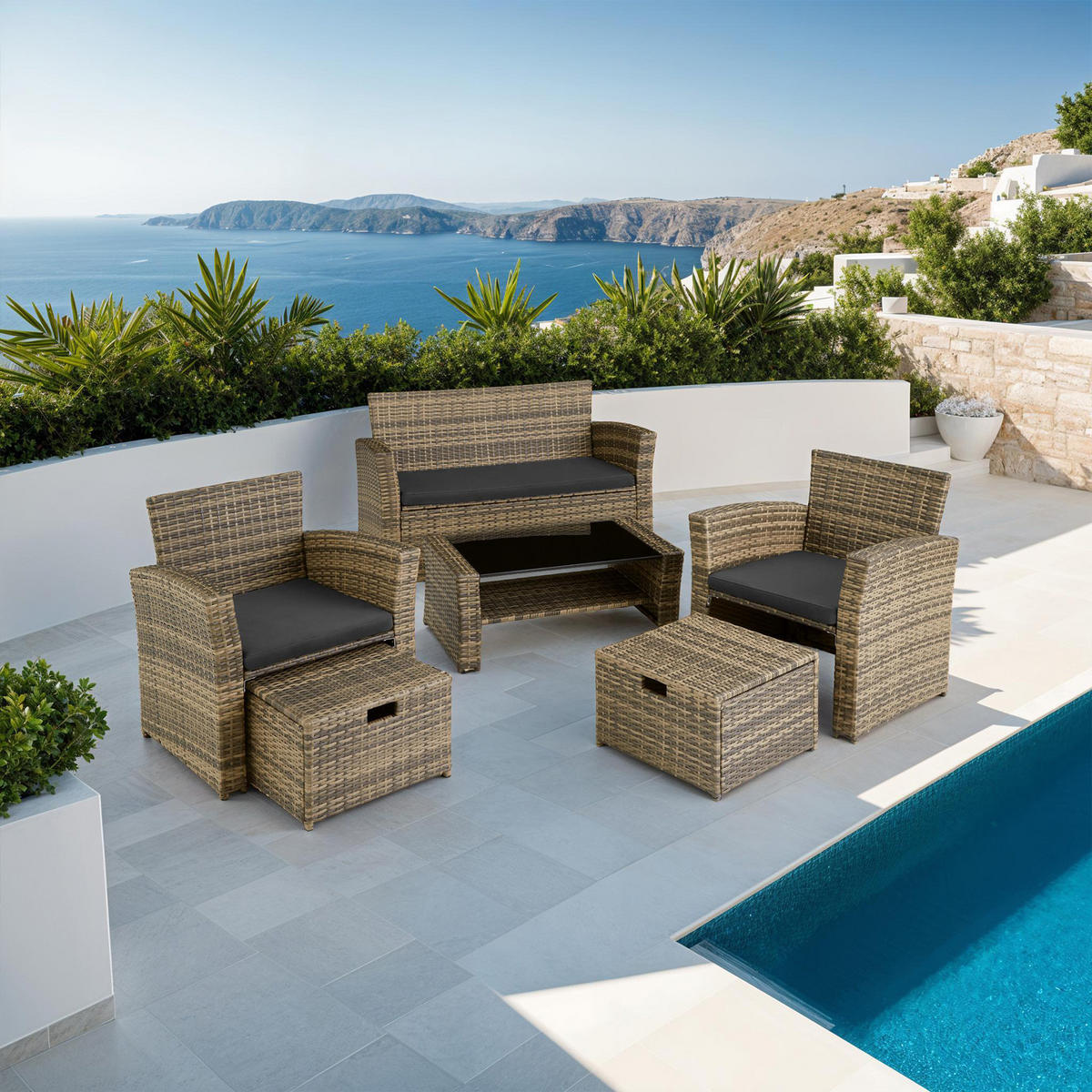 RATTAN SITZGRUPPE Modena,inklusive Staufach und Schutzhülle,natur - Naturfarben, Kunststoff - tectake