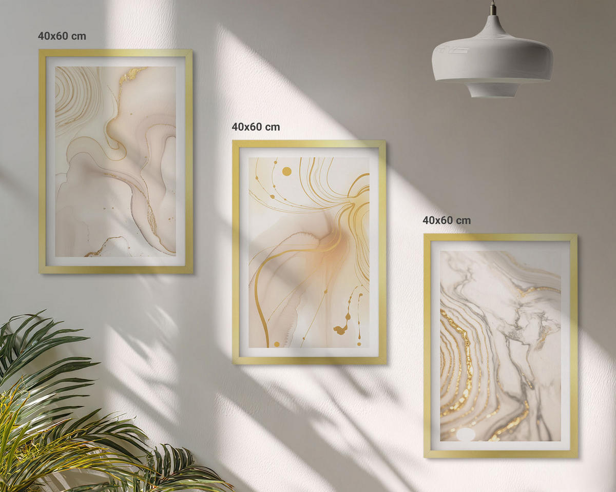 BILDER SET 3er Set - 40x60 cm Goldrahmen - Subtile abstrakte Muster - Goldfarben, Kunststoff (40/60cm) - TULUP