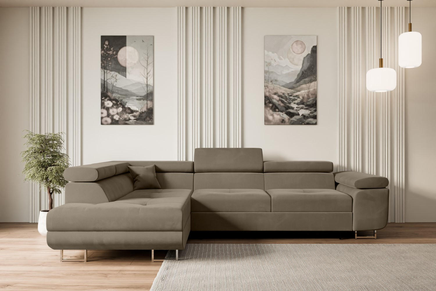 ECKSOFA mit Schlaffunktion und Bettkasten GUSA-L 272x202x107 cm Braun Velours - Silberfarben/Braun, Holzwerkstoff/Textil (202/272cm) - ALTDECOR
