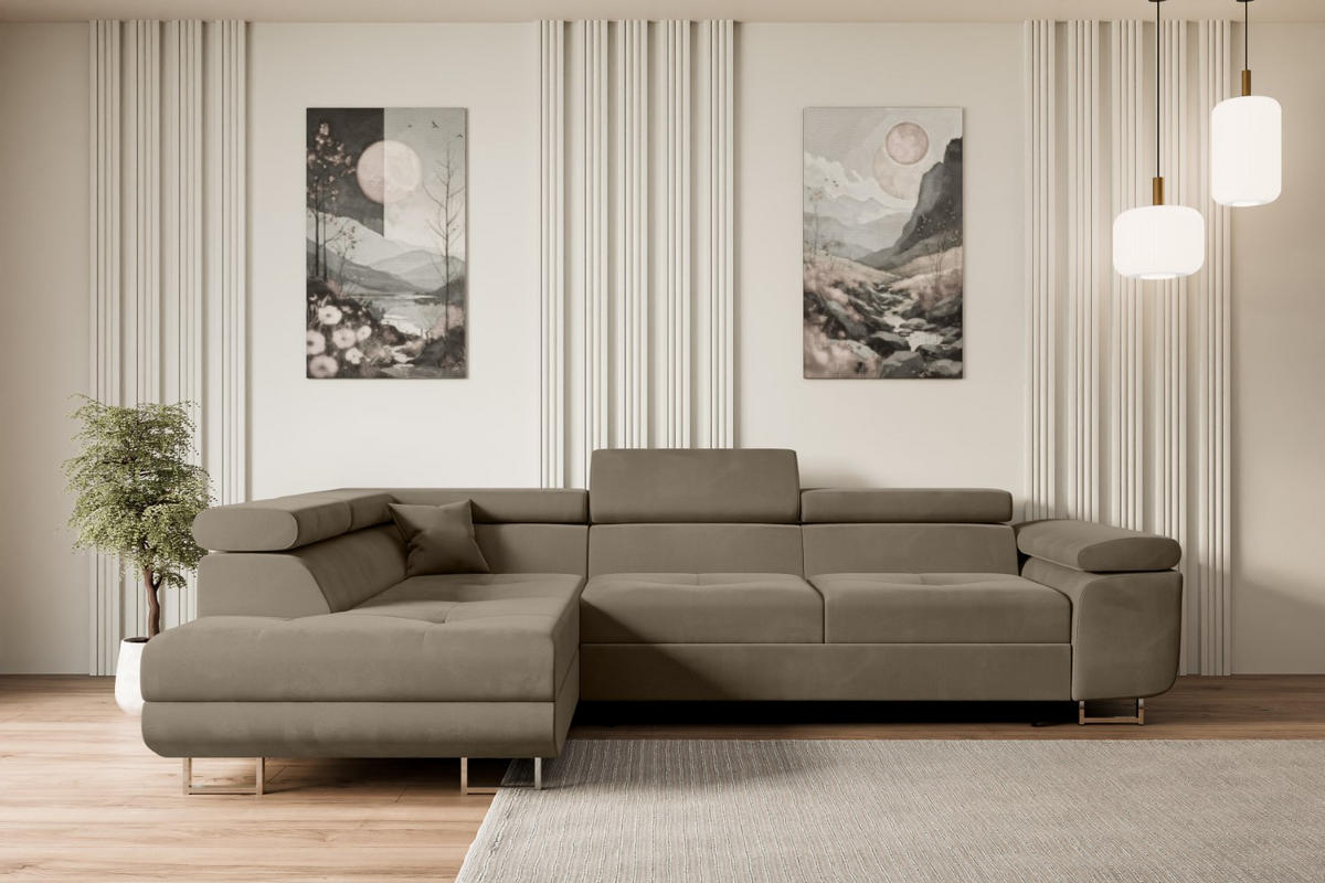 ECKSOFA mit Schlaffunktion und Bettkasten GUSA-L 272x202x107 cm Braun Velours - Silberfarben/Braun, Holzwerkstoff/Textil (202/272cm) - ALTDECOR