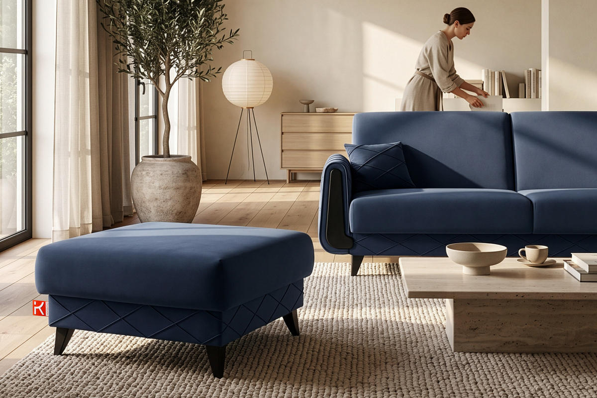 POUF GUSTAVO III Velours, Dunkelblau - Dunkelblau, Holz/Holzwerkstoff (92/49/92cm) - KONSIMO®