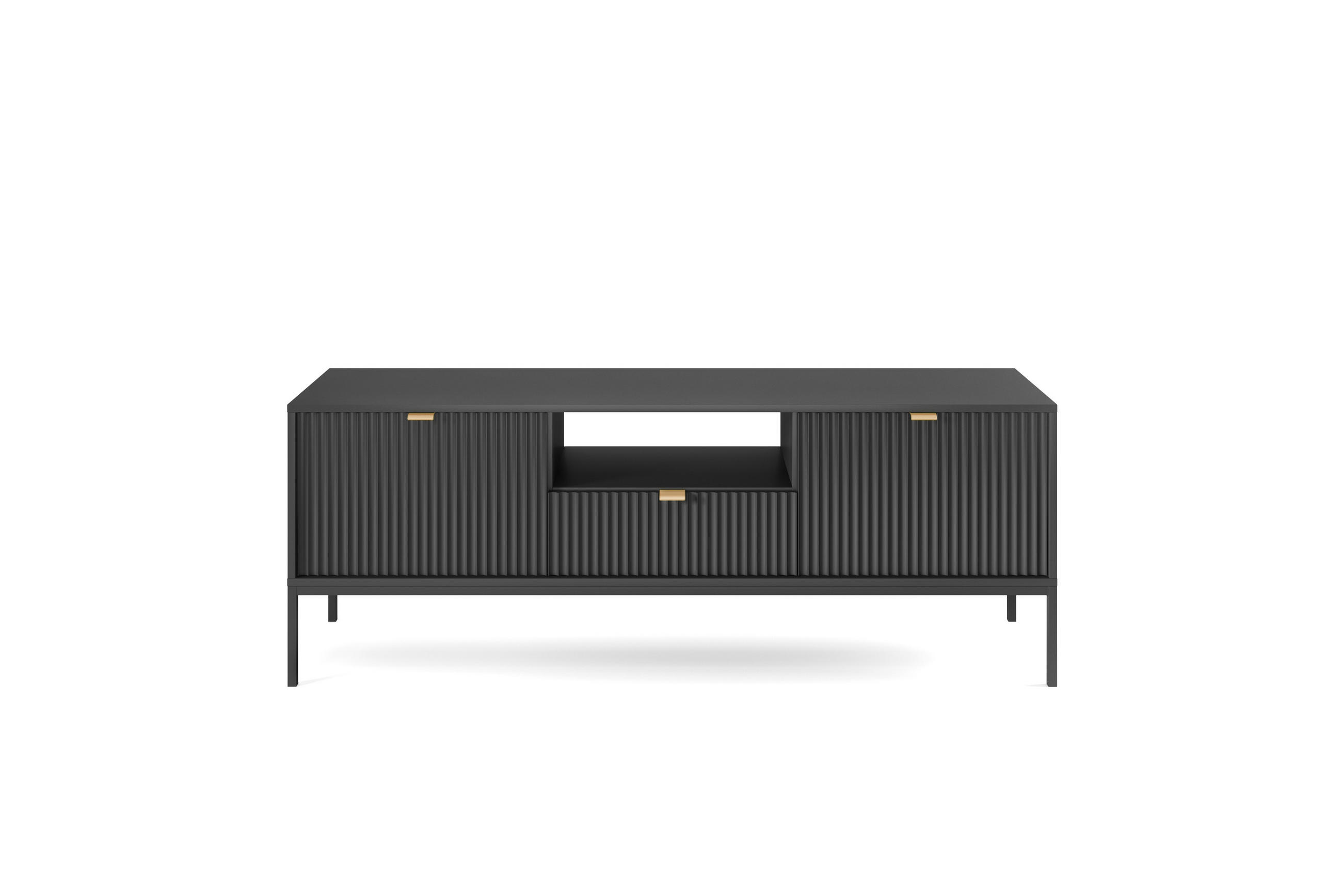 TV-SCHRANK NOVA Geriffelt Regal, 2 Türen, Schublade, Schwarze Beine, 154x39x56cm, Schwarz - Schwarz, Holzwerkstoff/Kunststoff (154/56/39cm) - DomoHome