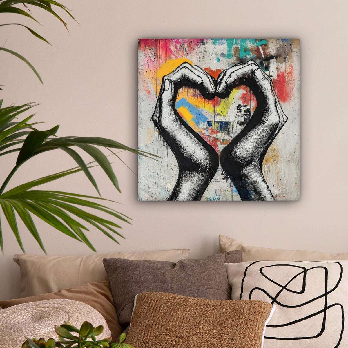 OBRAZ NA PLÁTNE Ruky - Srdce - Street art - Graffiti 50x50 cm - viacfarebná, textil (50/50cm) - MuchoWow