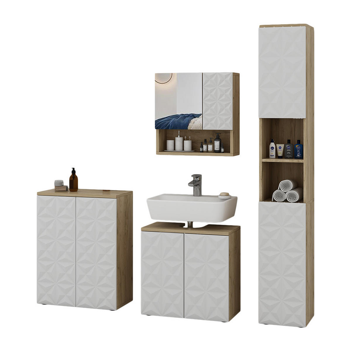 BADMÖBEL-SET Edge Weiß 4 Teile - Eichefarben/Weiß, Holzwerkstoff (60/57/30cm) - Vicco