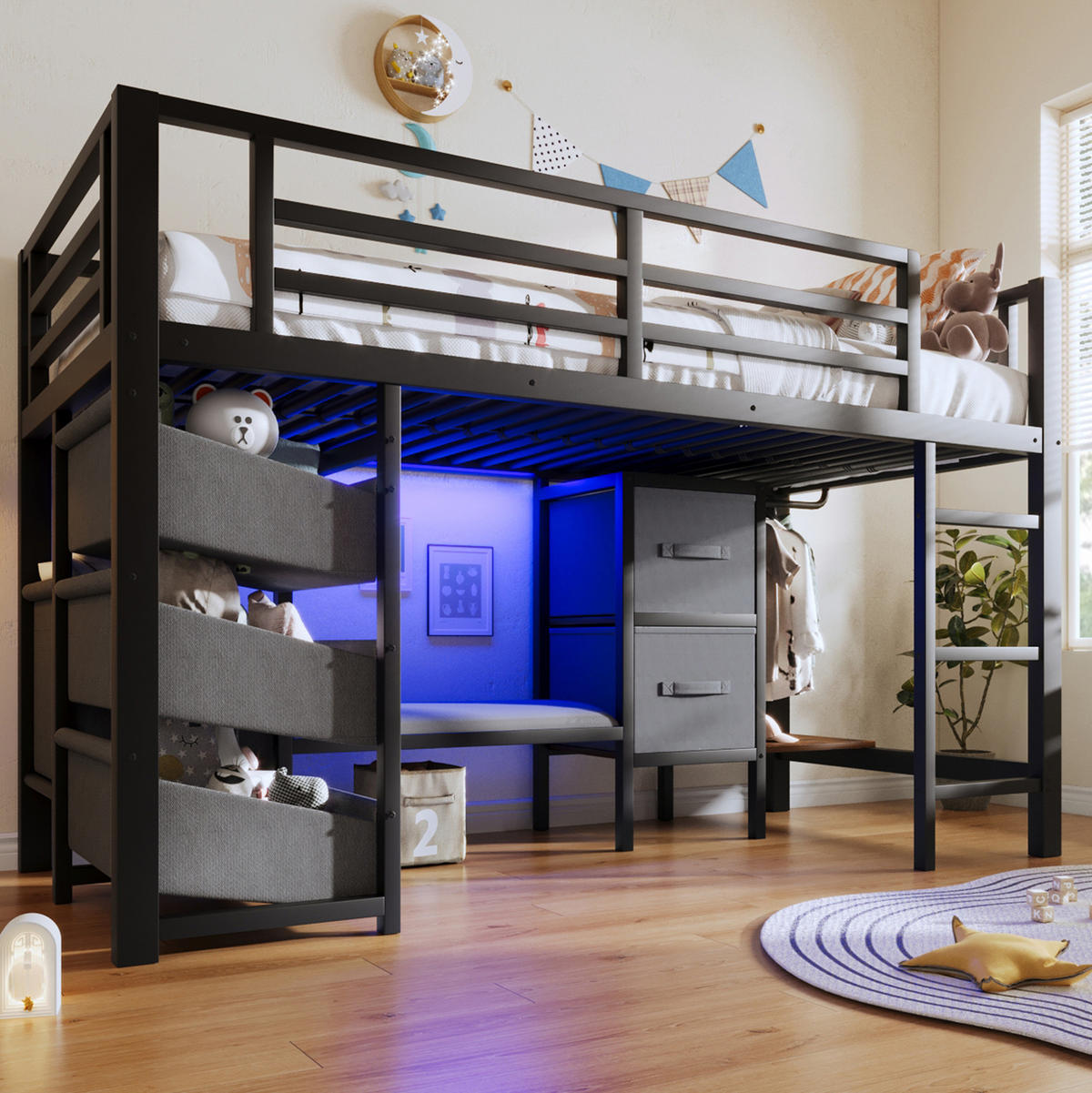 HOCHBETT 90/200 cm in Schwarz – mit LED, Sitzkissen und Stoff-Stauraum - Schwarz, Metall (90/200cm) - BEAOK