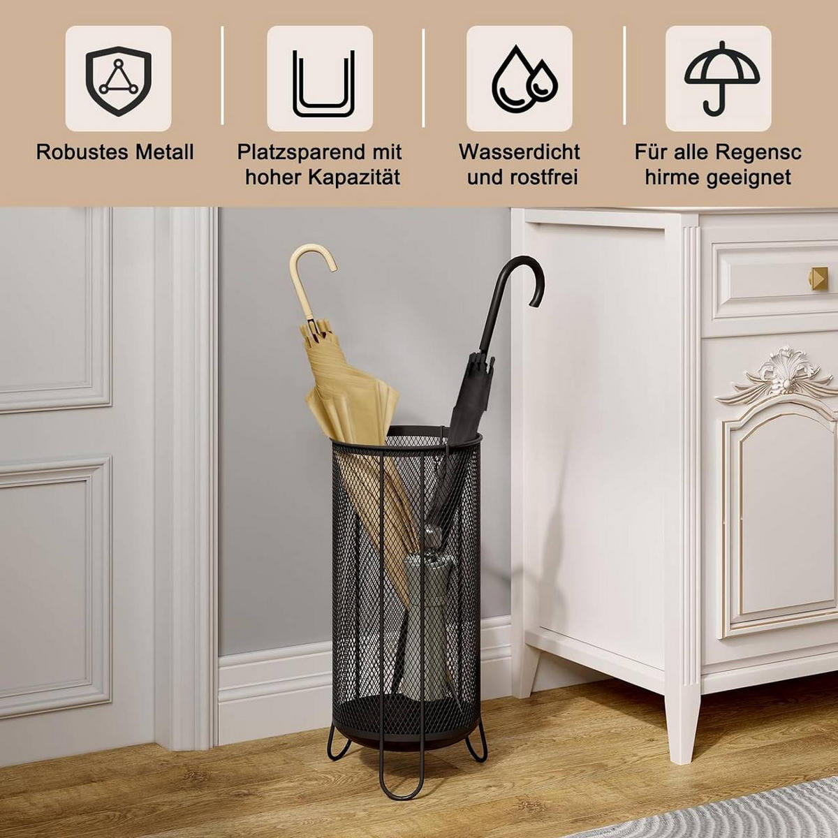 SCHIRMSTÄNDER mit 4 Haken, aus Drahtgitter, Anthrazit - Anthrazit, Metall (22/49/22cm) - Woltu