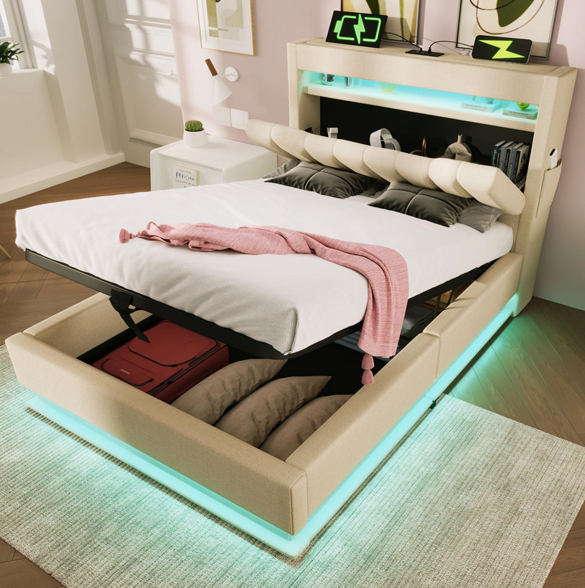 POLSTERBETT aus Leinen 90x200 cm in Beige mit LED & USB/Typ-C - Beige, Textil (90/200cm) - Modfu