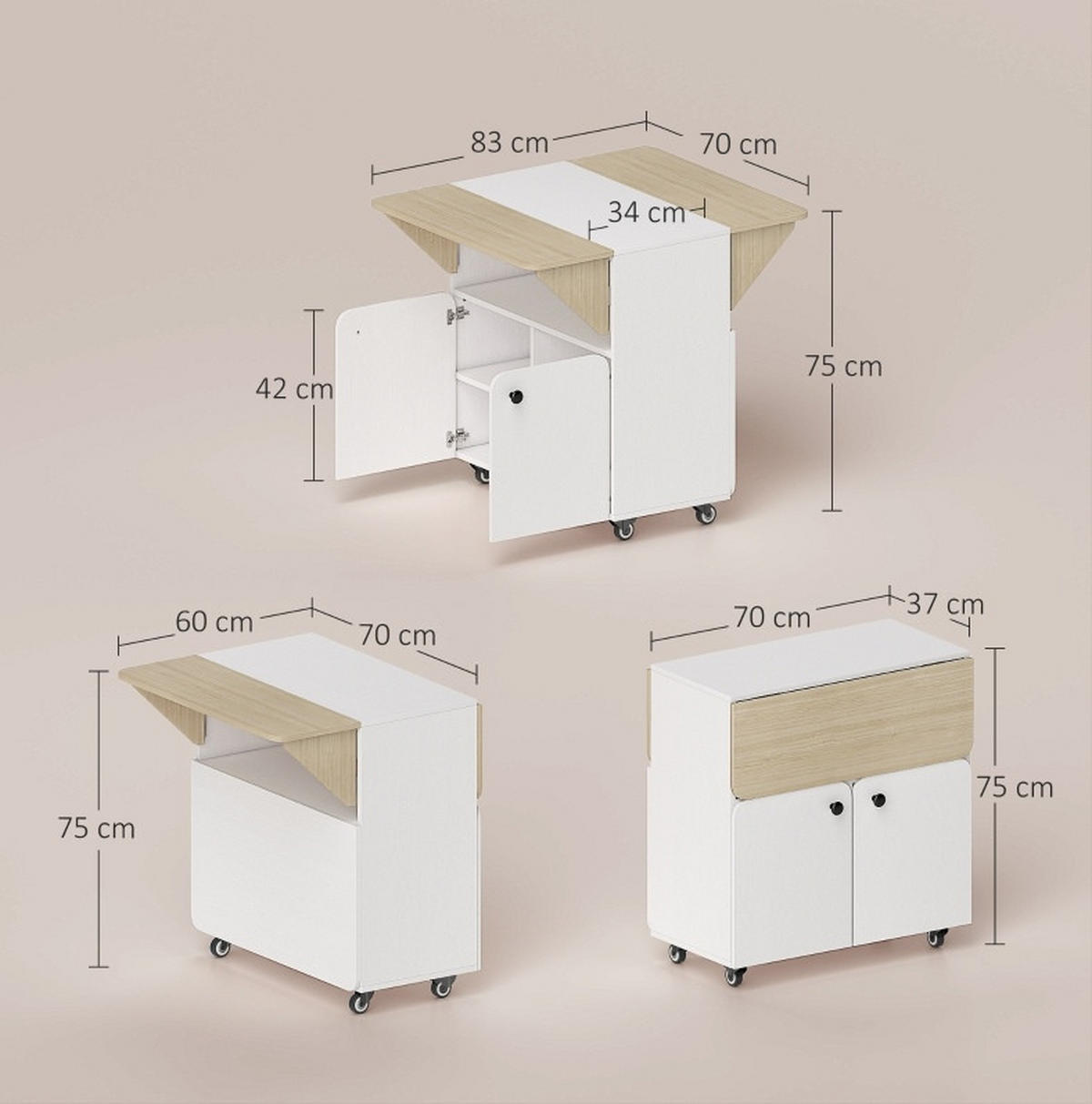 KLAPPTISCH 83/70/75 cm, seitlich ausklappbar, mit Rollen und Stauraum - Weiß, Holz (70/83/75cm) - BEAOK