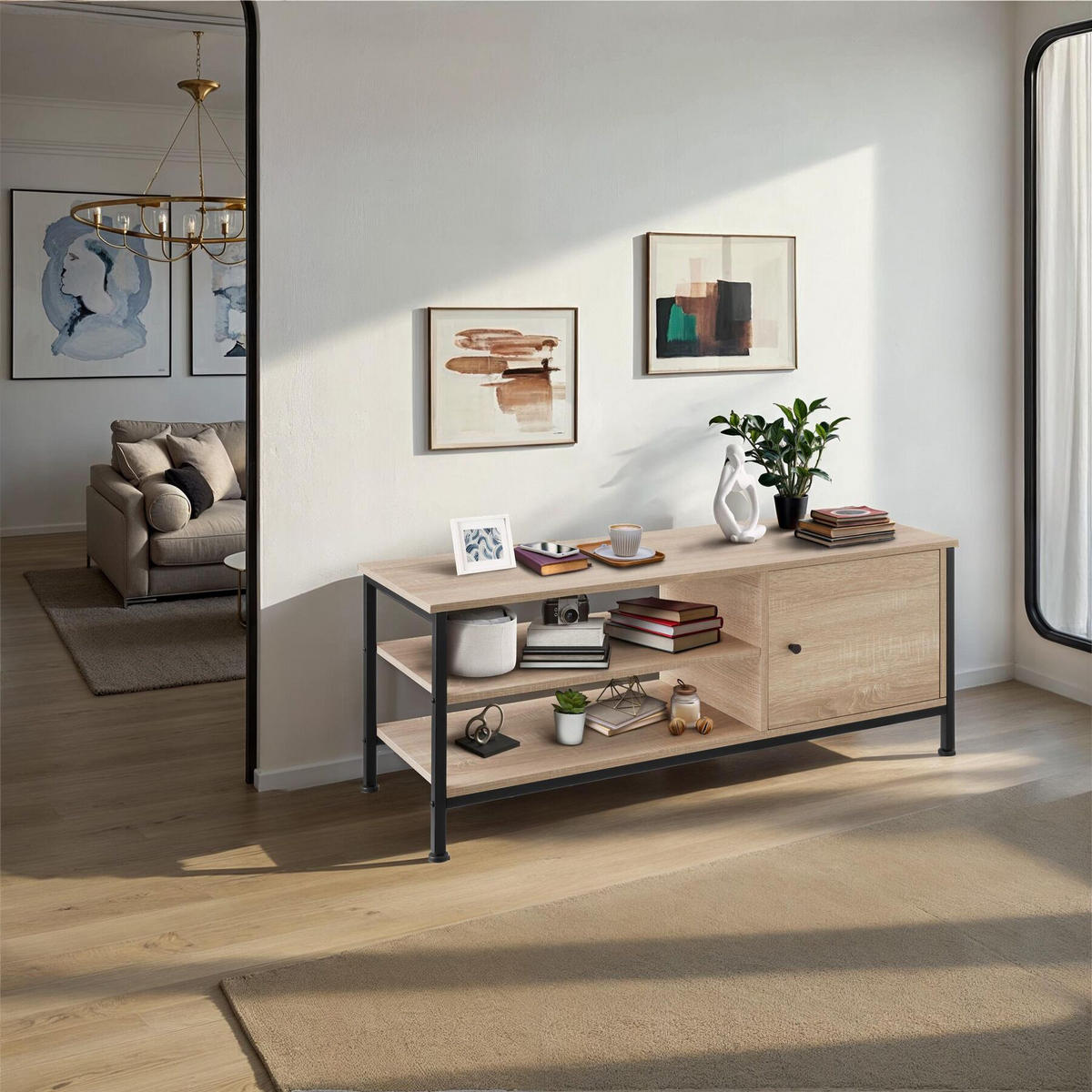 TV-REGAL Durban,110 x 40 x 45,5 cm,Industrial Holz hell, Eiche Sonoma - Naturfarben, Holzwerkstoff (40/45.5/110cm) - tectake