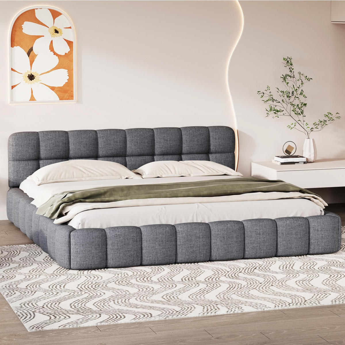 POLSTERBETT 140x190 cm Fleur Cloud mit Blumenrand-Design und weicher Rückenlehne, Leinen-Optik Grau - Grau, Textil (140/190cm) - DELFA