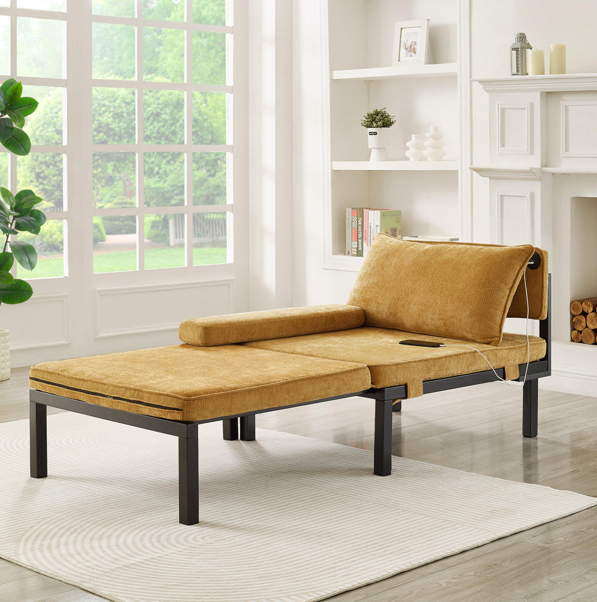 SCHLAFSESSEL mit Schlaffunktion, USB- und Type-C-Anschluss, platzsparendes 2-in-1-Design, Gelb - Gelb, Textil (82/79/176cm) - Redom