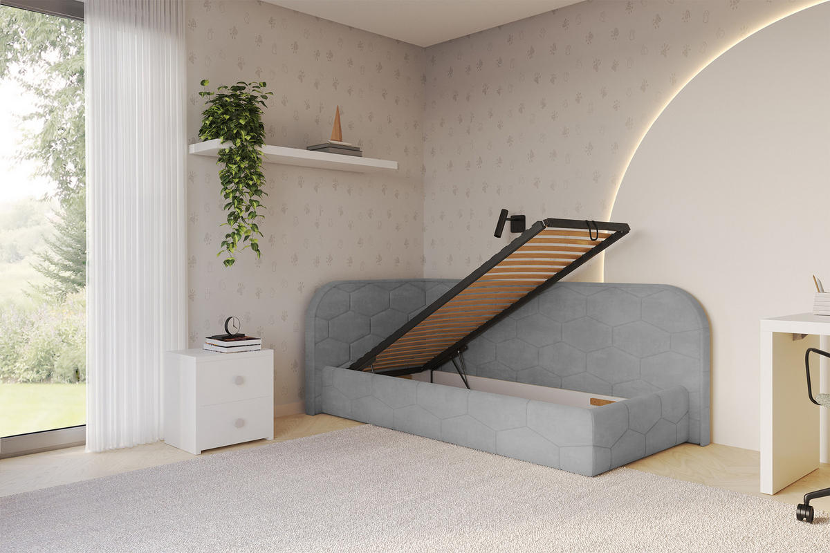 EINZELLBETT Jugendbett mit Bettkasten und Matratze H3/H4, Rechts - JAXY 90x200 Grau - Silberfarben, Holzwerkstoff/Textil (90/200cm) - ALTDECOR