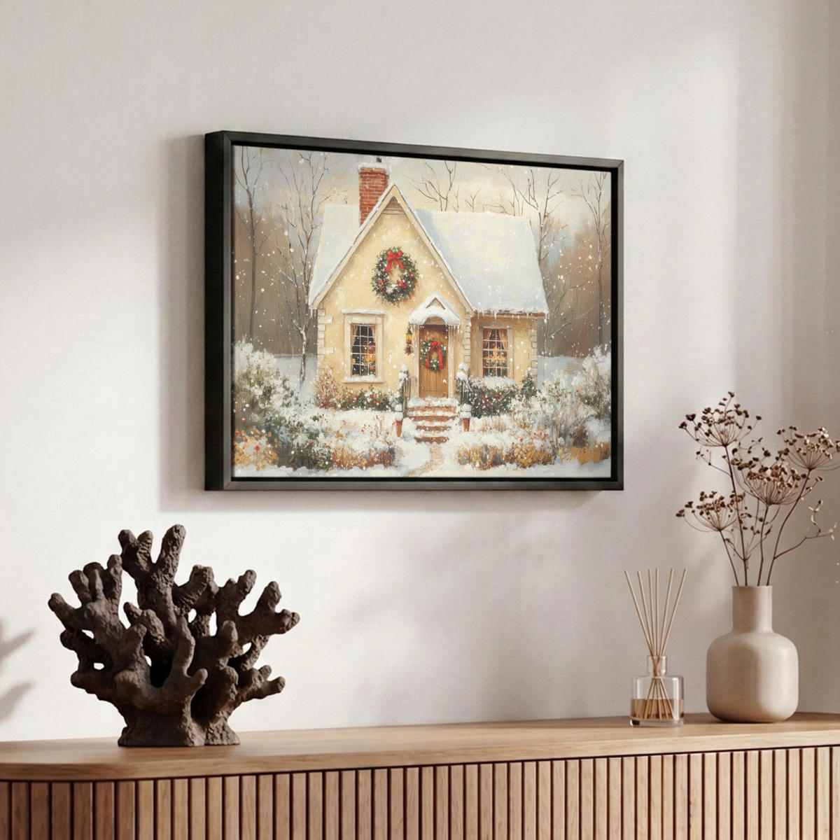 LEINWAND Bilder mit Rahmen - Weihnachten - Zuhause - Winter - Schnee - 30x20 - Creme, Textil (30/20cm) - MuchoWow