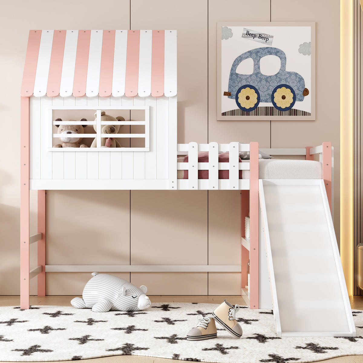 HOCHBETT 90/200 cm Rosa mit Rutsche, Stauraum und Spielbereich - Pink, Holz (90/200cm) - MIVRAY