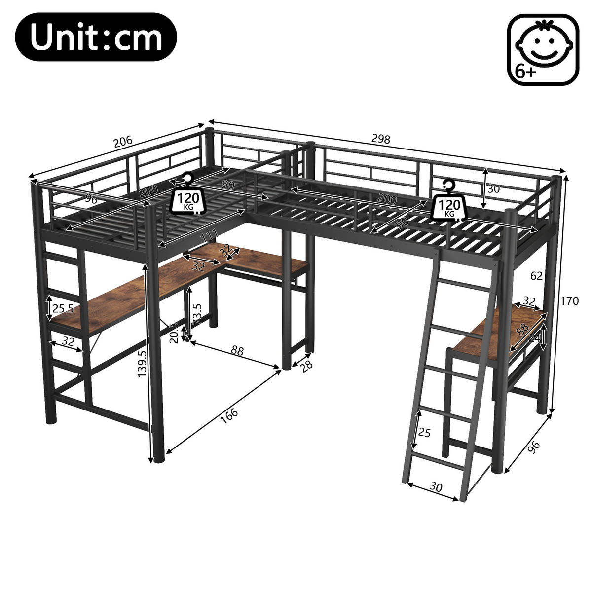 HOCHBETT aus Metall und MDF 90x200 cm Schwarz mit Schreibtisch und hoher Absturzsicherung - Schwarz, Holzwerkstoff (90/200cm) - Modfu