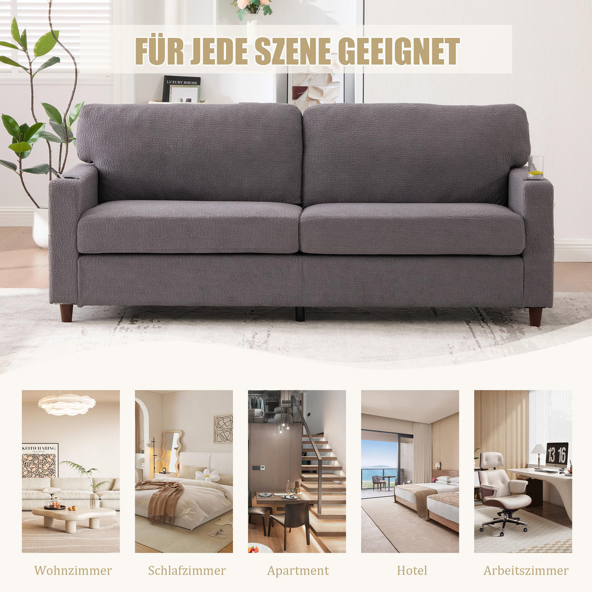 ZWEISITZER Sofa Chenille mit USB-Anschluss LED-Licht und Getränkehaltern 203/77,5/86 cm Hellgrau - Hellgrau, Textil (77.5/86/203cm) - Redom