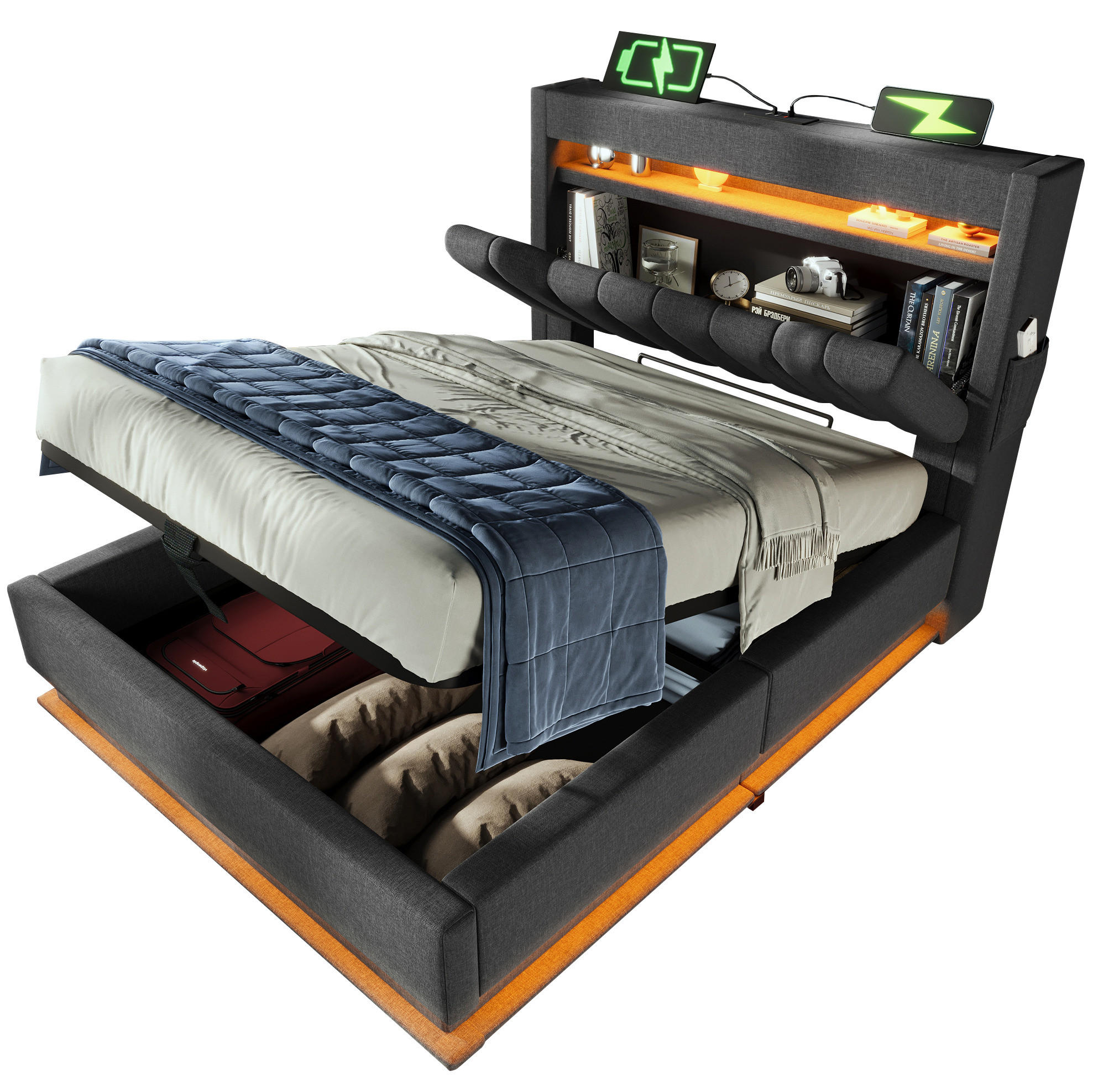 POLSTERBETT 90/200 cm Grau aus Leinen mit Matratze und LED-Beleuchtung - Grau, Textil (90/200cm) - OKMYHOME