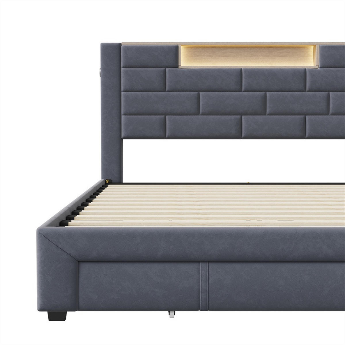 POLSTERBETT 140x200 cm - mit LED-Beleuchtung, USB/Type-C-Ladefunktion, Ablagekopfteil, Schubladen - Grau - Grau, Textil (140/200cm) - DELFA
