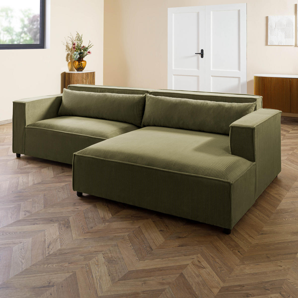 ECKSOFA Ottomane rechts Cord Velours 266x150x80 grün FINN - Grün, Kunststoff (266/150cm) - Massivmoebel24