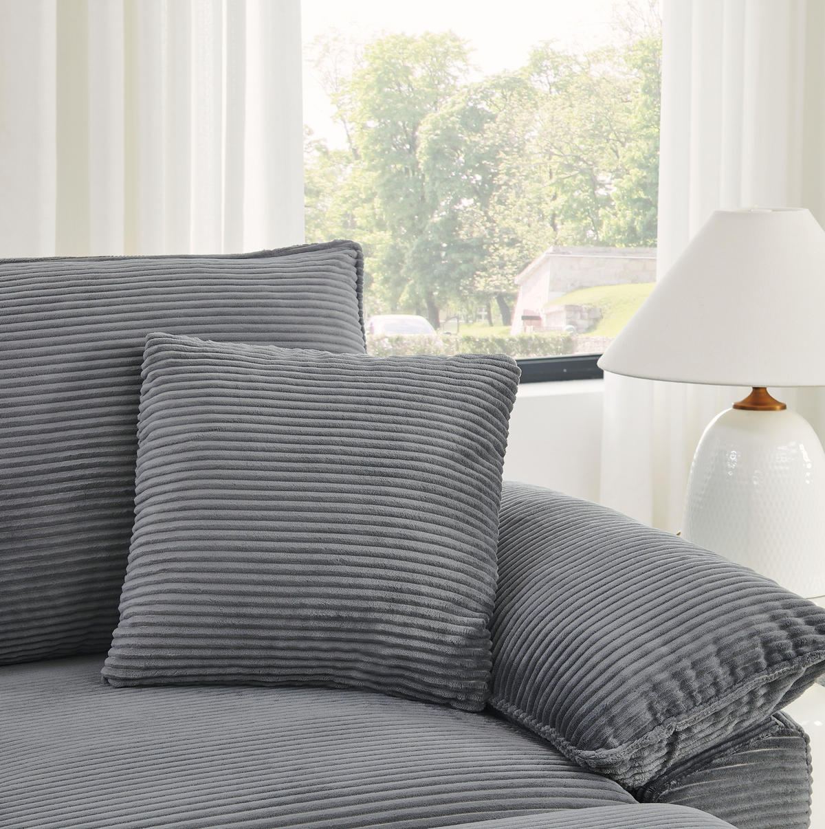 2-SITZER-BODENSOFA ohne Montage mit Fußstütze und Aufbewahrungstaschen, Hellgrau - Hellgrau, Textil (156/65/206cm) - Redom