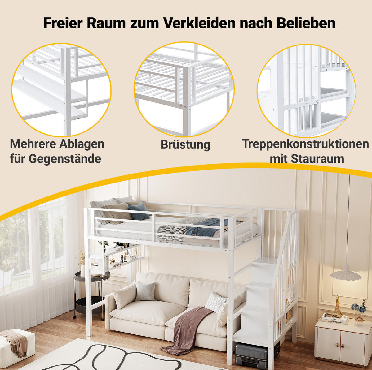 HOCHBETT 90/200 cm, Weiß mit Regalen, Stauraumleiter, ohne Matratze - Weiß, Metall (90/200cm) - MIVRAY