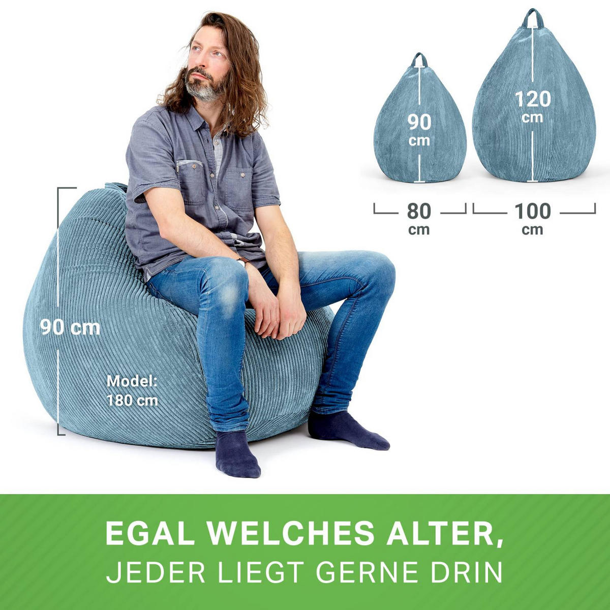 SITZSACK Indoor "Scoop" 90x110cm - Cord - Hellblau, Textil (90/110/90cm) - Green Bean