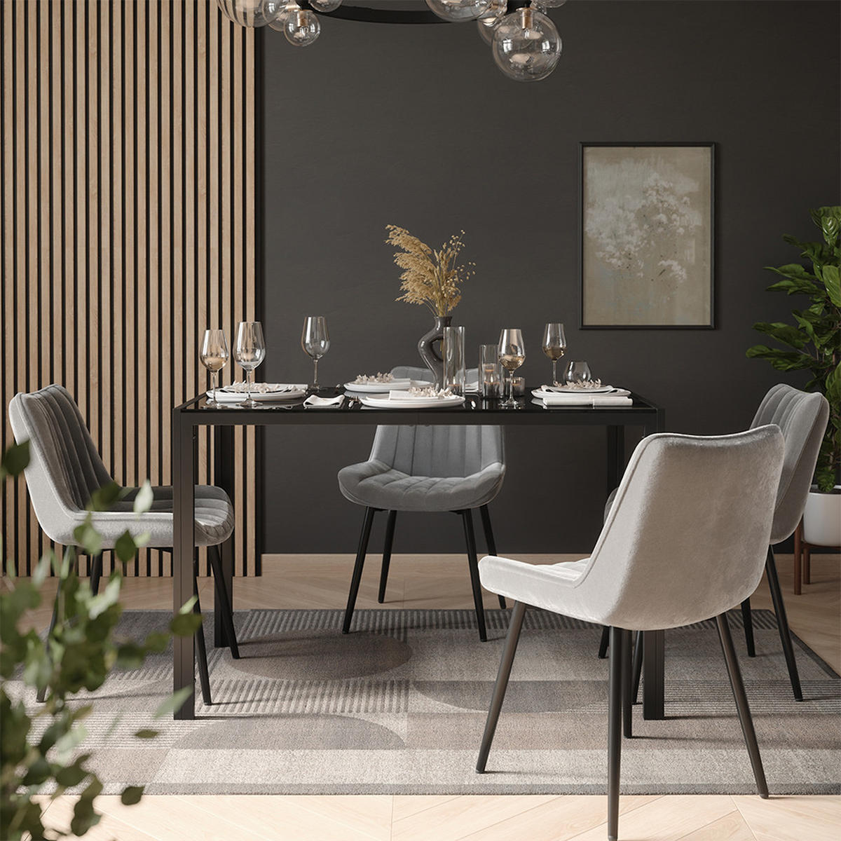 JÍDELNÍ STŮL SESTAVA Grand, Černá, 120 x 70 cm se 4 židlemi (šedé) - černá, sklo (120/74.5/70cm) - Vicco