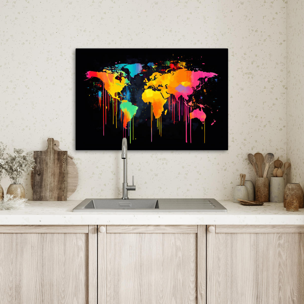 LEINWANDBILD Weltkarte - Farbe - Bunt - Graffiti - Welt Gemälde 60x40 cm - Multicolor, Textil (60/40cm) - MuchoWow
