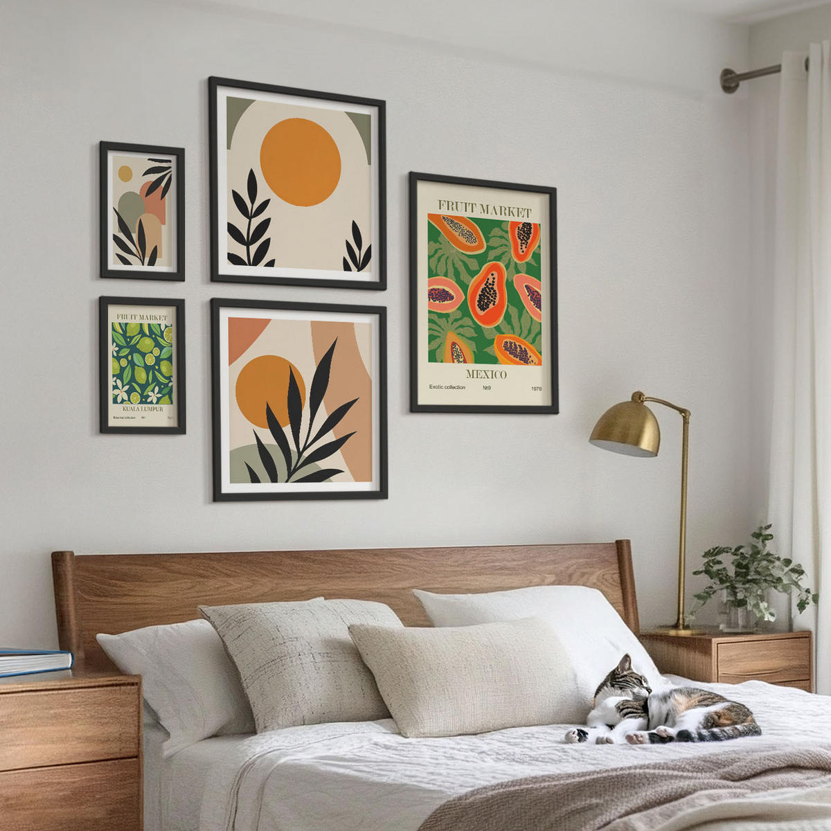 BILDER SET 5er Set - 50x50 cm & 20x30 cm & 40x60 cm Schwarzer Rahmen - Fruchtmuster der italienischen Kultur - Schwarz, Kunststoff (40/60cm) - TULUP
