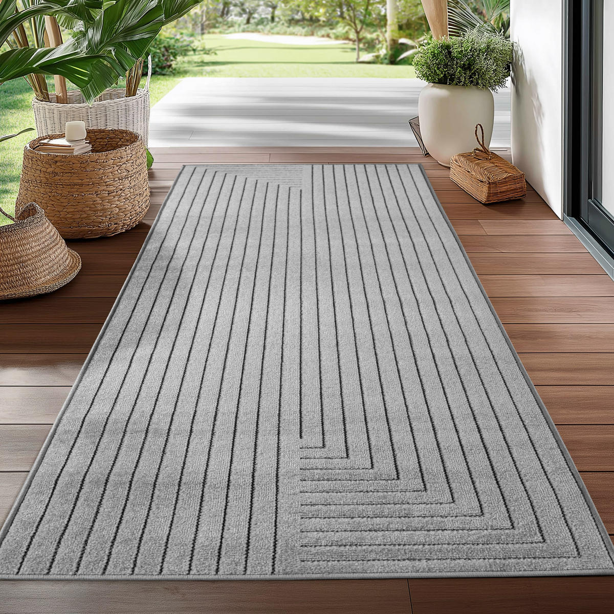 TEPPICH In-/Outdoor Kurzflor Skandinavisch Muster Polypropylen Terrasse Silber Läufer 80x150 - Silberfarben, Textil (80/150cm) - KADIMA DESIGN