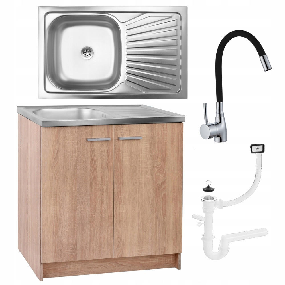 SPÜLUNTERSCHRANK 80cm mit Spüle + Armatur + Siphon Sonoma-Eiche - Sonoma Eiche, Holzwerkstoff (80/81/46cm) - Stamar