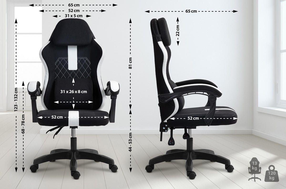 BÜROSTUHL Zayro Stoff schwarz/weiß - Schwarz/Weiß, Textil/Metall (65/132/65cm) - TPFLiving