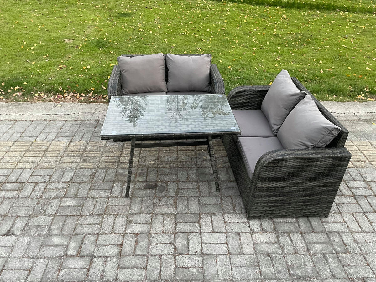 BALKONSET mit ESSTISCH SOFA Polyrattan Dunkelgrau 4-Sitzer - Dunkelgrau/Grau, Glas/Kunststoff - Fimous
