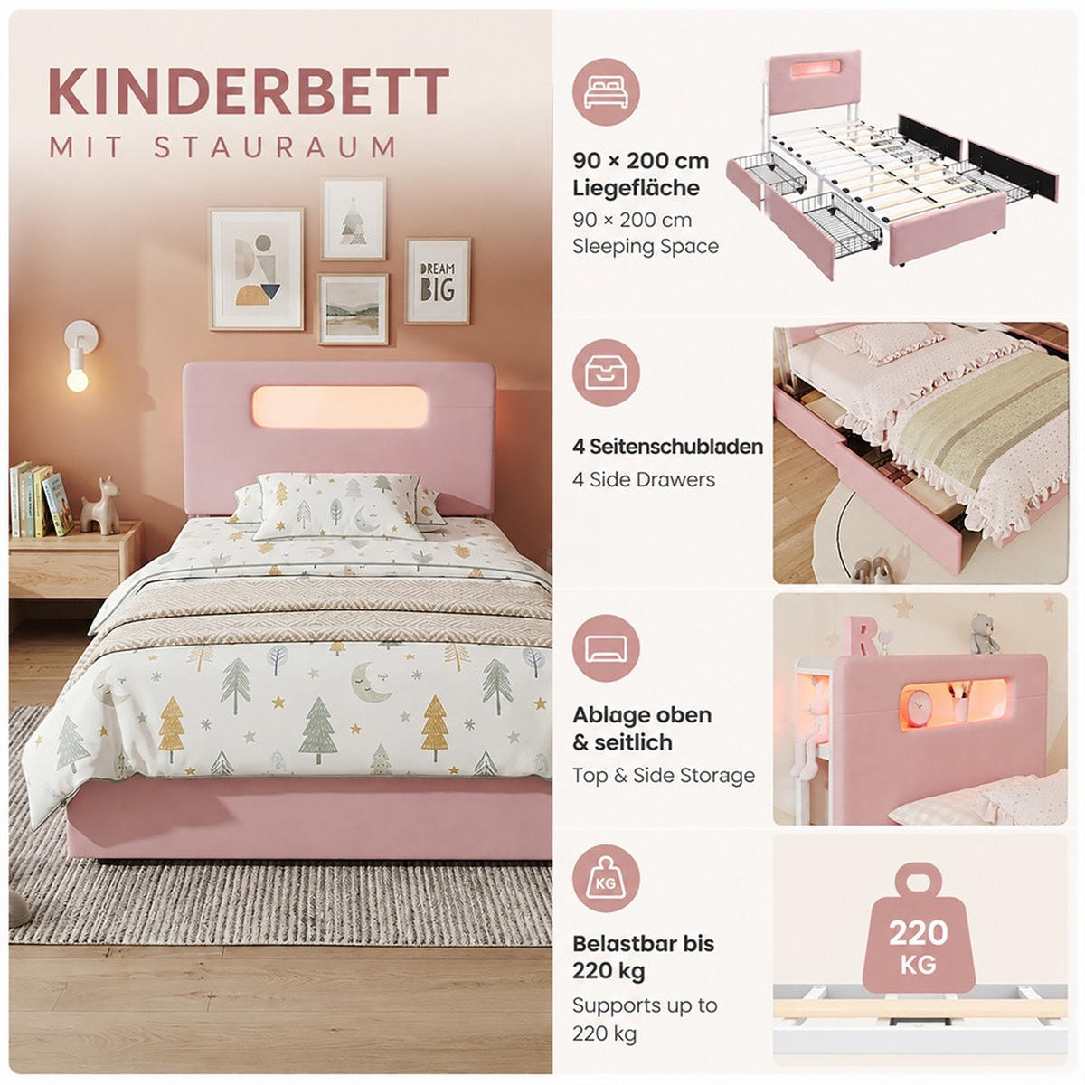 POLSTERBETT 90x200 cm mit 4 seitlichen Schubladen - Kopfteil mit offenem Stauraum & LED-Beleuchtung - Rosa - Pink, Textil (90/200cm) - DELFA