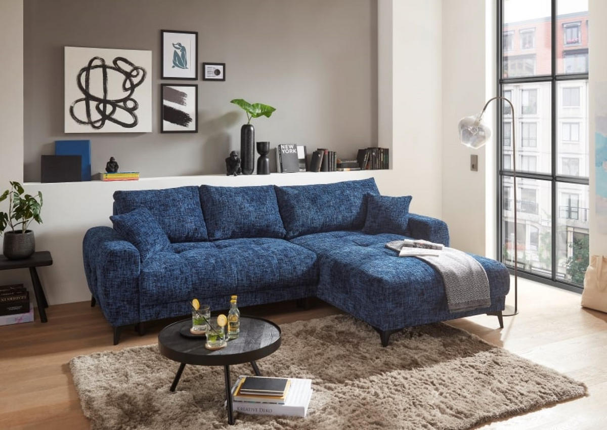 ECKSOFA beidseitig montierbar, Schlaffunktion mit Bettkasten - Schwarz/Dunkelblau, Textil/Metall (281/189cm) - ed exciting design