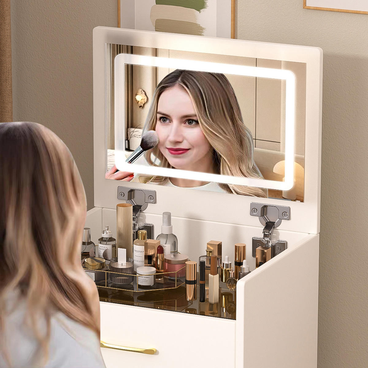 SCHMINKTISCH 3-in-1 Nachttisch (60 cm) in Weiß mit Klappspiegel, Glasplatte & Hocker - Weiß, Holzwerkstoff/Metall (60/118/40cm) - Urban Meuble