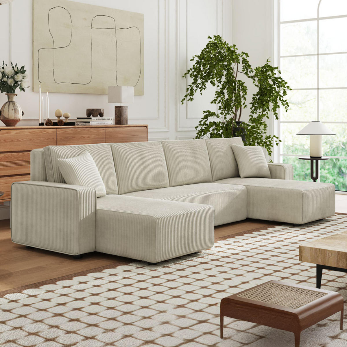 PANORAMA-SCHLAFSOFA salisbury beige 6-sitzer cord - Beige, Holz (318/82/142cm) - Concept Usine