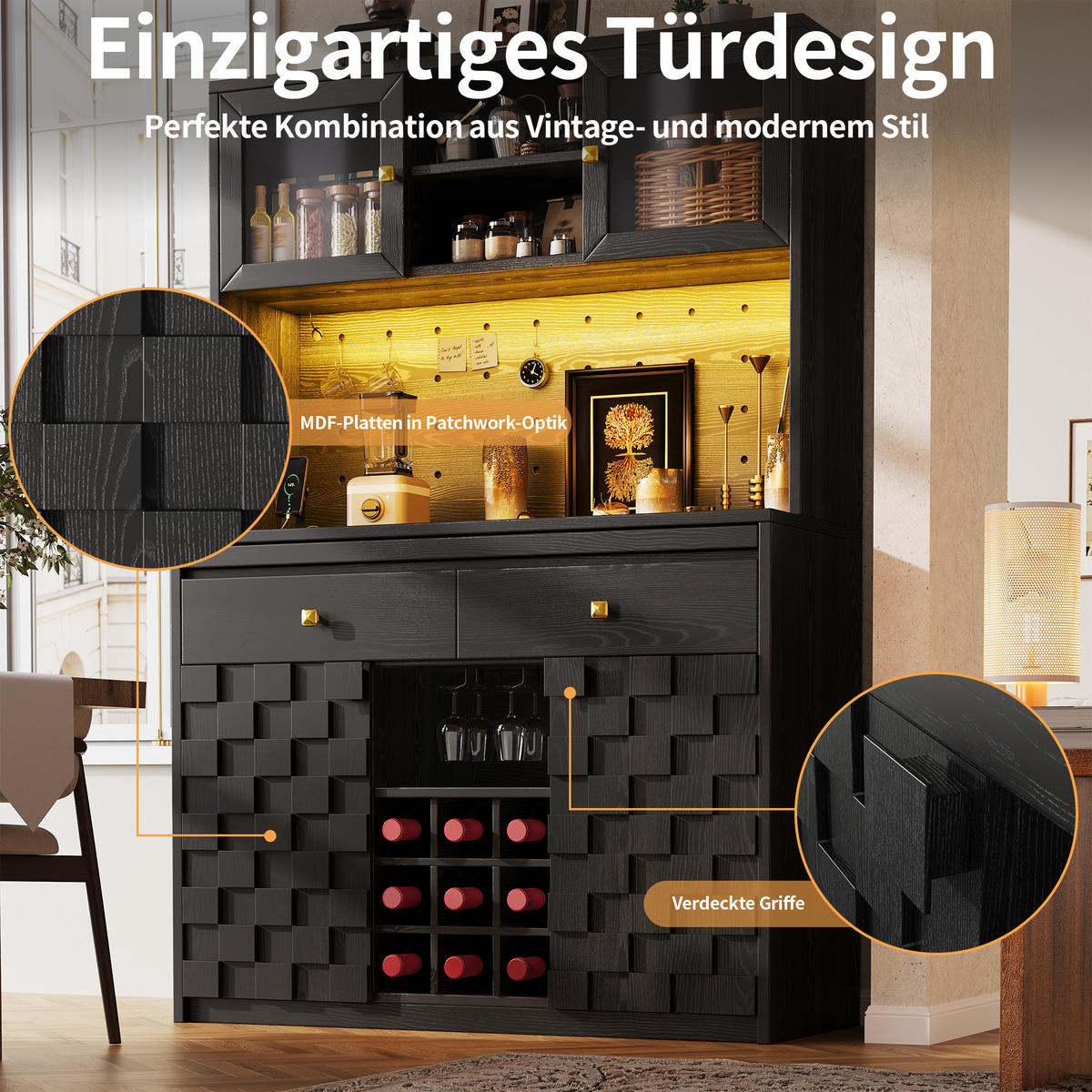 HIGHBOARD Schwarz 120×40×178 cm mit Acrylfront, RGB-LED, Lochwand und Weinflaschenhalter aus Holzwerkstoff und Acryl - Schwarz, Holzwerkstoff (120/178/40cm) - Luhomfu