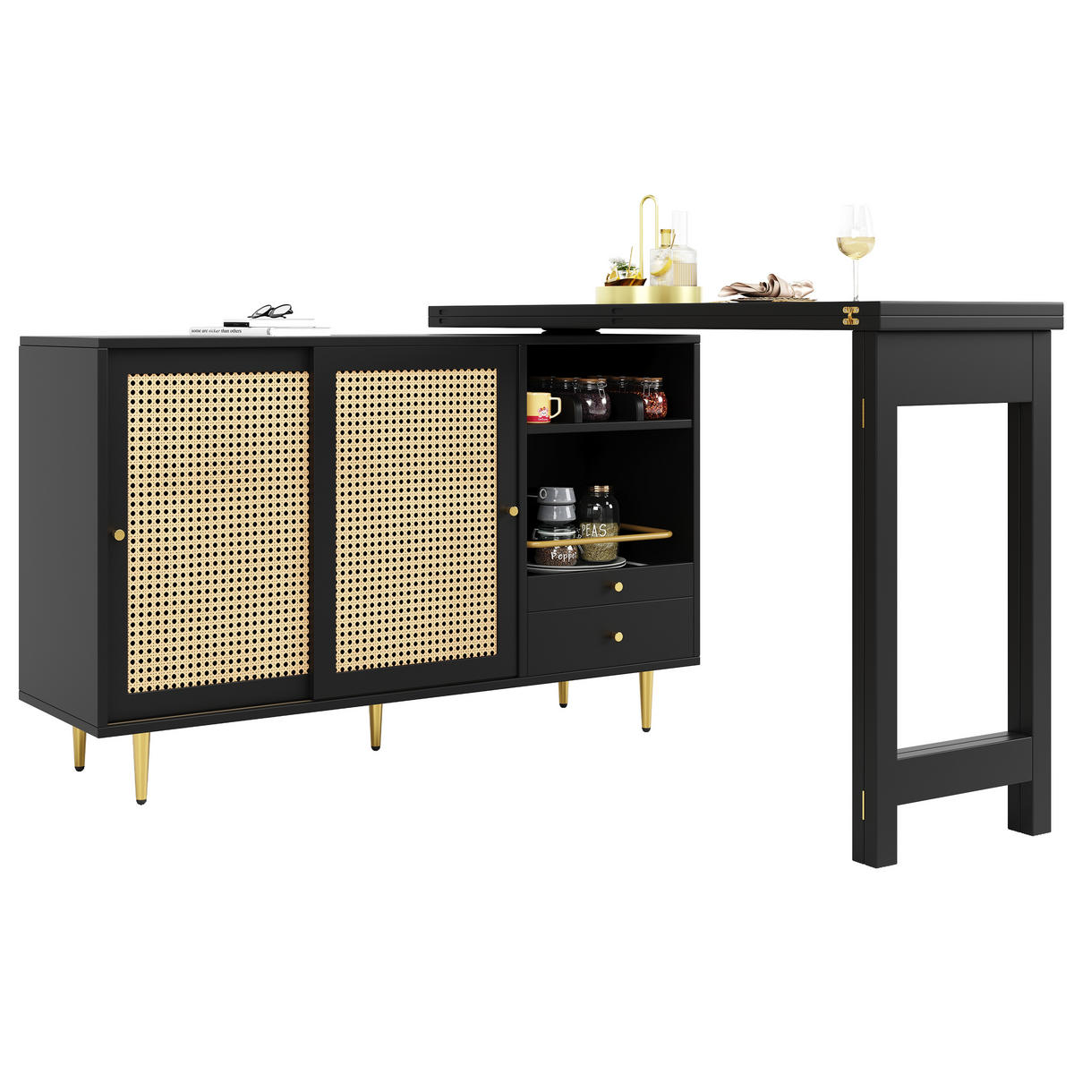 BARMÖBELSET mit Hochtisch 107/40/71,4 cm schwarz 360° drehbar Rattantüren - Schwarz, Holzwerkstoff (40/76/187cm) - OKWISH