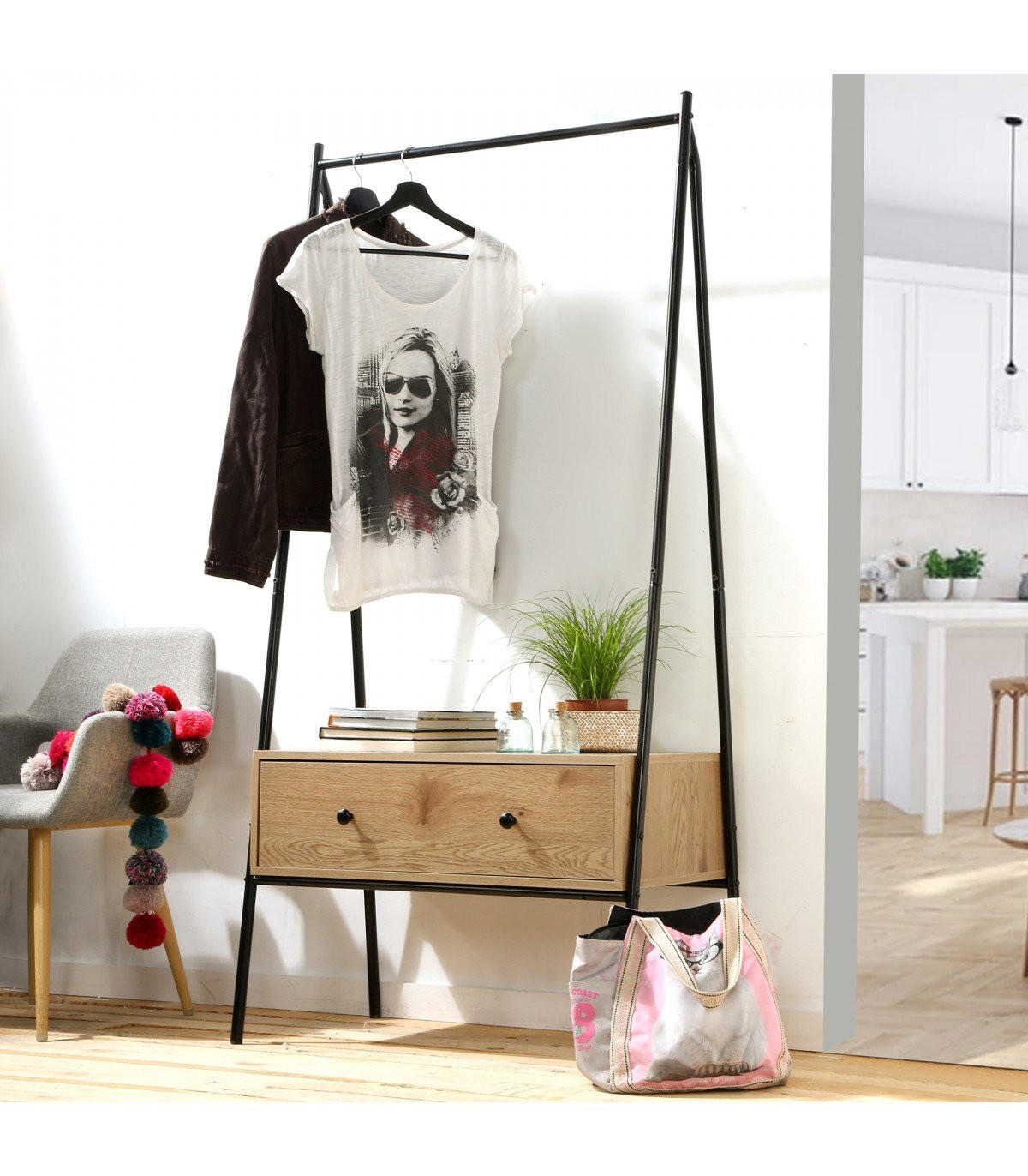 GARDEROBENSTÄNDER mit 1 Schublade in Eiche-Dekor H170cm - Eiche Artisan, Holzwerkstoff (39/170/84cm) - Calicosy