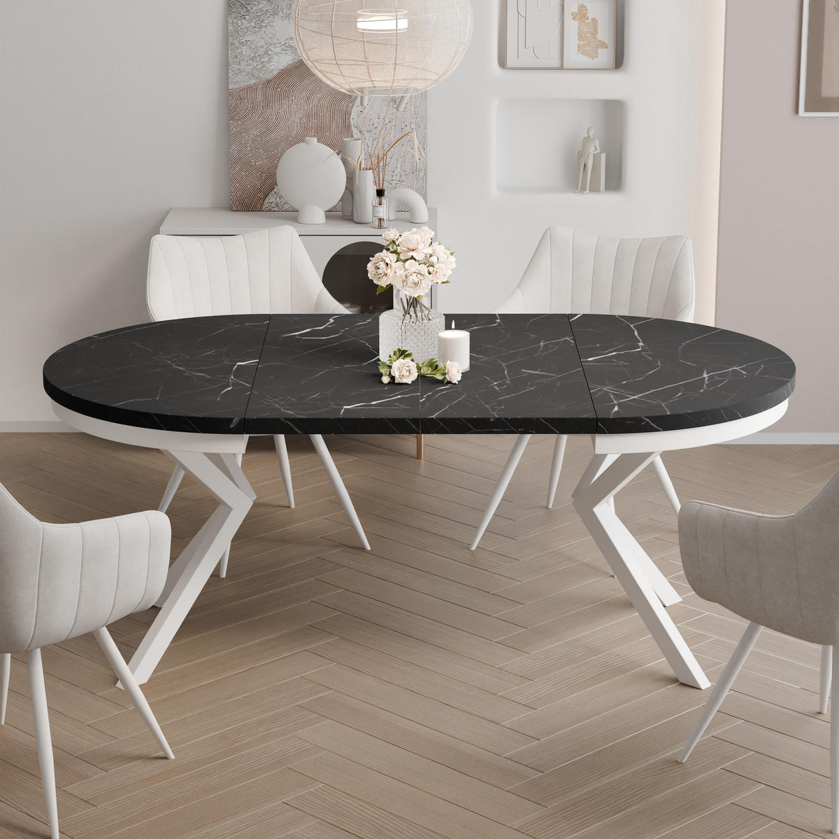 AUSZIEHTISCH MILTON 120-196/76 cm mit Metallgestell, Weiß / Grigia Pietra - Weiß/Grau, Holzwerkstoff/Metall (120/120/76cm) - Idohome