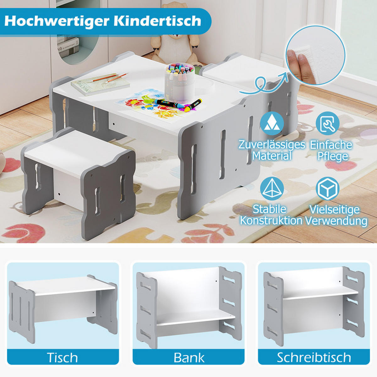 KINDERTISCH mit 2 Stühlen grau(3-tlg) - Grau, Holzwerkstoff (68/52/39cm) - COSTWAY