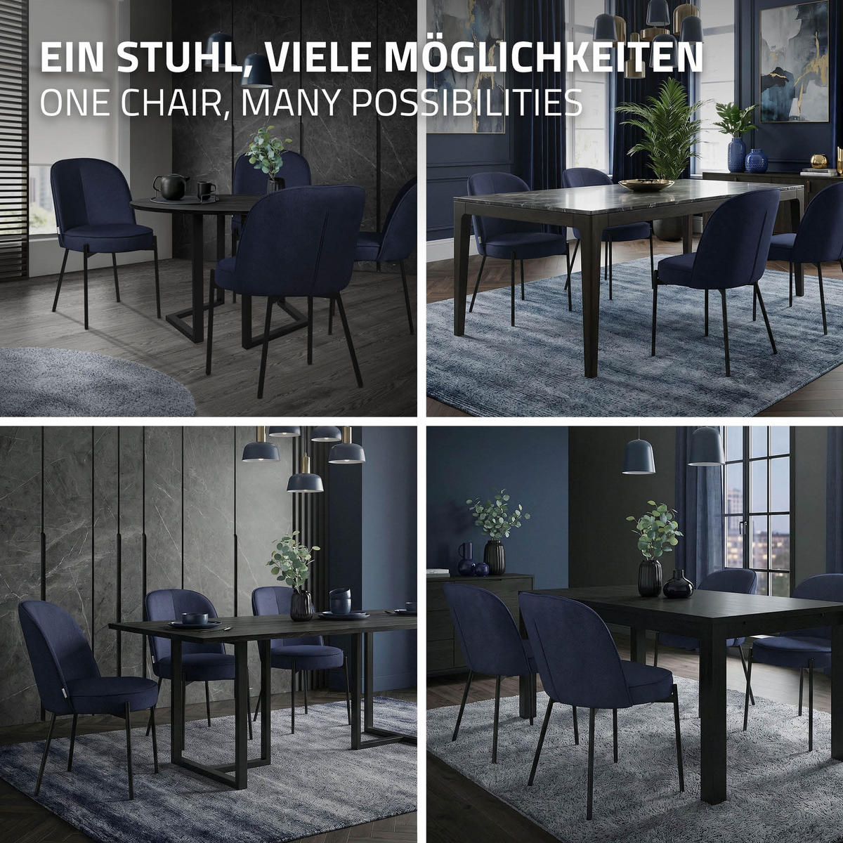 JÍDELNÍ ŽIDLE, sada 4 ks, tmavě modrá, s látkovým potahem - černá/tmavě modrá, kov/textil (50/83/63cm) - ML-DESIGN