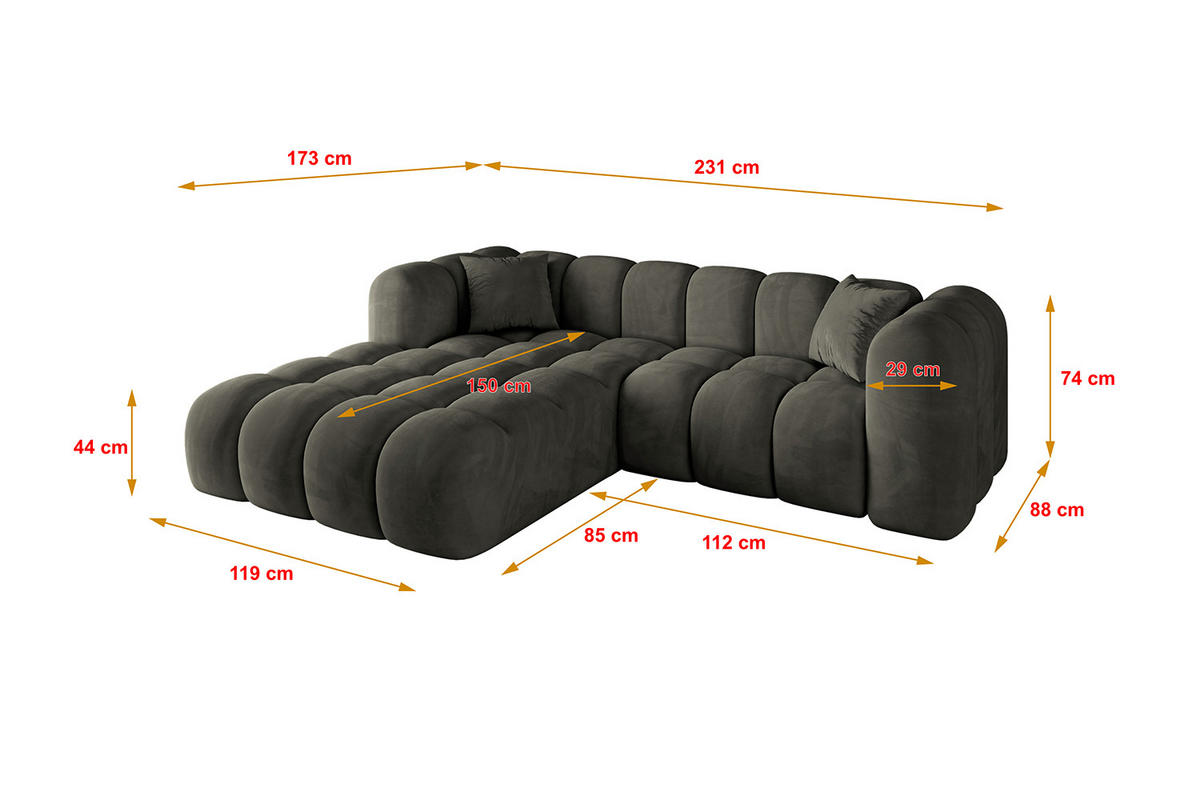 ECKSOFA Ottomane Links OLEA-L1 - 231x173x74 cm Schwarz - Schwarz, Holzwerkstoff/Kunststoff (231/173cm) - ALTDECOR