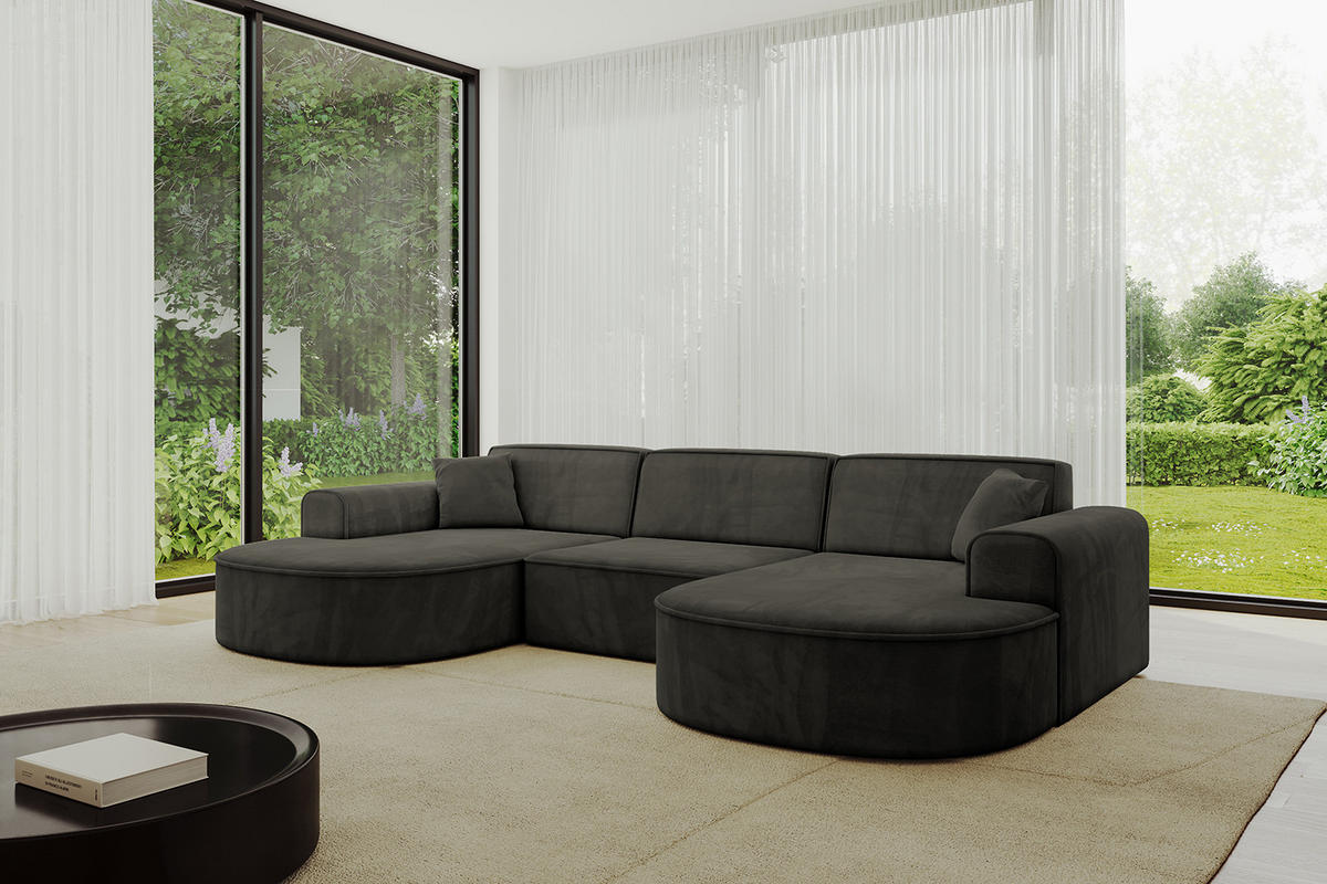 WOHNLANDSCHAFT MARI-U1 - 303x171x79 cm Schwarz Velours - Schwarz, Holzwerkstoff/Kunststoff (303/79/171cm) - ALTDECOR