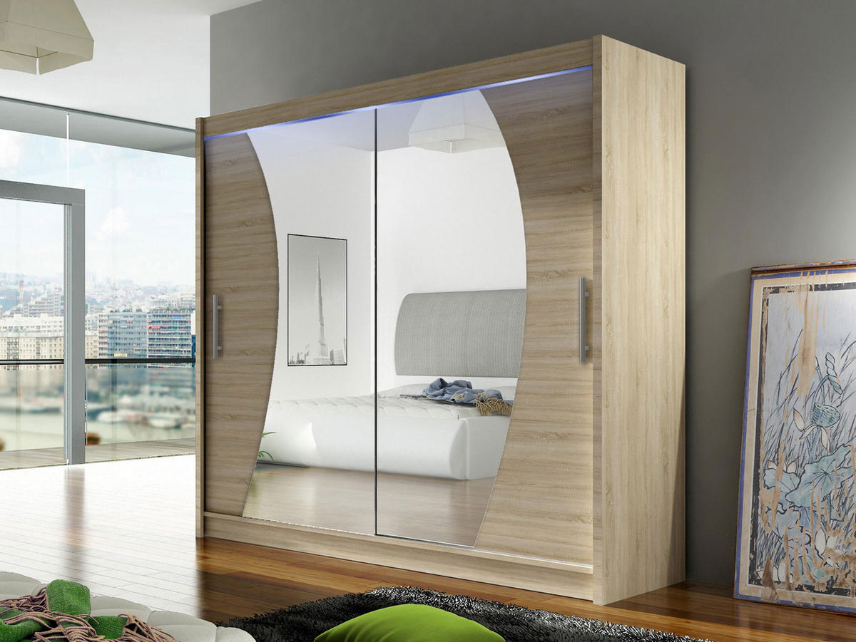 KLEIDERSCHRANK London IX, mit RGB LED Beleuchtung - Silberfarben/Sonoma Eiche, Holzwerkstoff/Kunststoff (180/215/58cm) - MIRJAN24