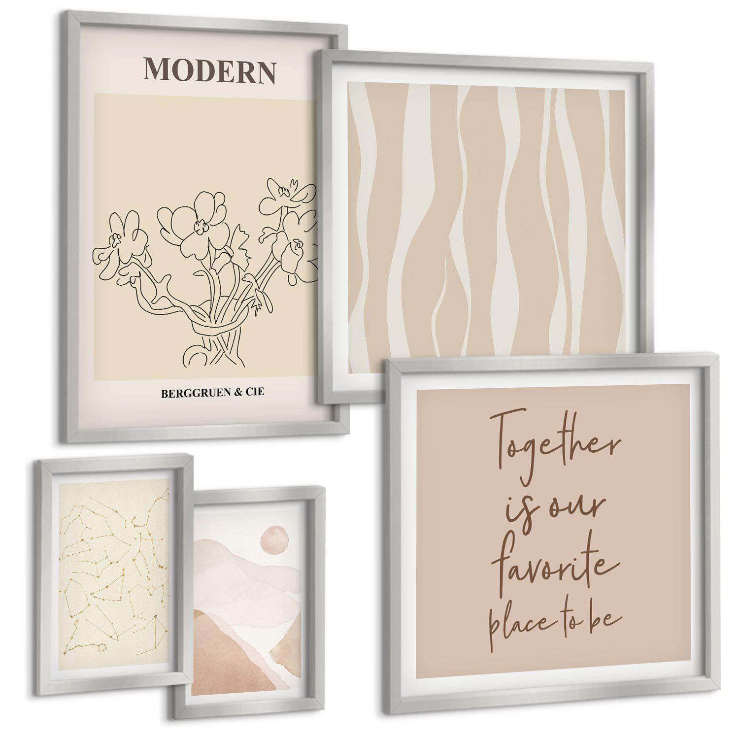 BILDER SET 5er Set - 50x50 cm & 20x30 cm & 40x60 cm Silberner Rahmen - Abstrakte Formen und Farben - Silberfarben, Kunststoff (40/60cm) - TULUP