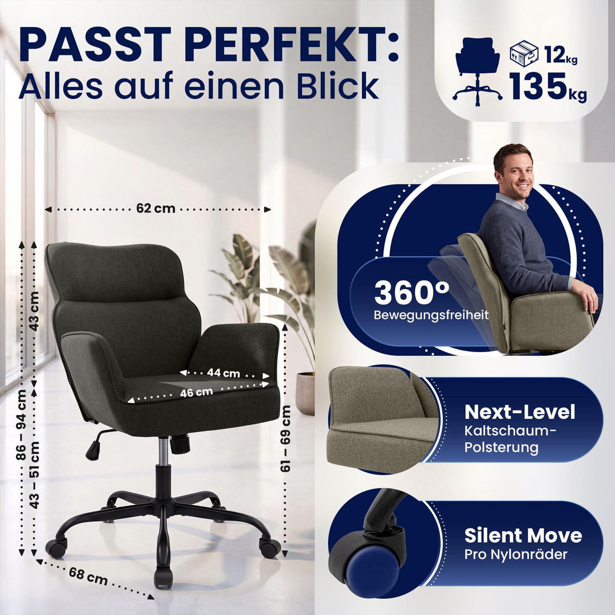 DREHSTUHL Stoff Dunkelgrau - Dunkelgrau/Schwarz, Textil (62/86/68cm) - CLP